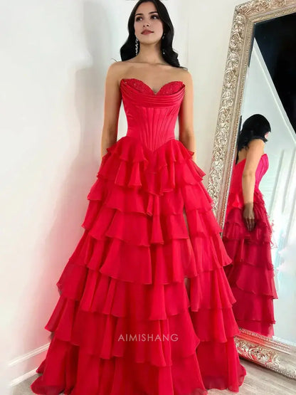 Aimishang Elegant A-Line Sweetheart Strapless Ruffle Layered Long Formal Prom Dress With Slit Charming Evening Gown Elegant Party Dress