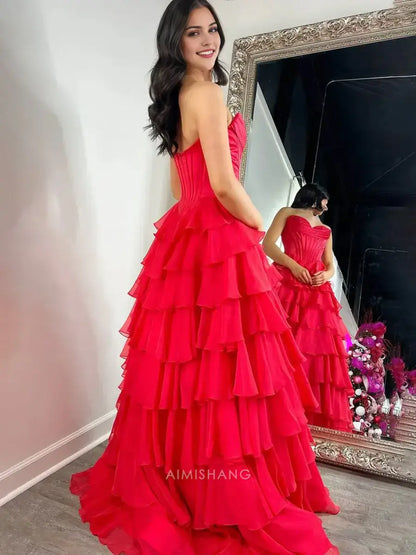 Aimishang Elegant A-Line Sweetheart Strapless Ruffle Layered Long Formal Prom Dress With Slit Charming Evening Gown Elegant Party Dress