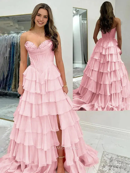 Aimishang Elegant A-Line Sweetheart Strapless Ruffle Layered Long Formal Prom Dress With Slit Charming Evening Gown Elegant Party Dress
