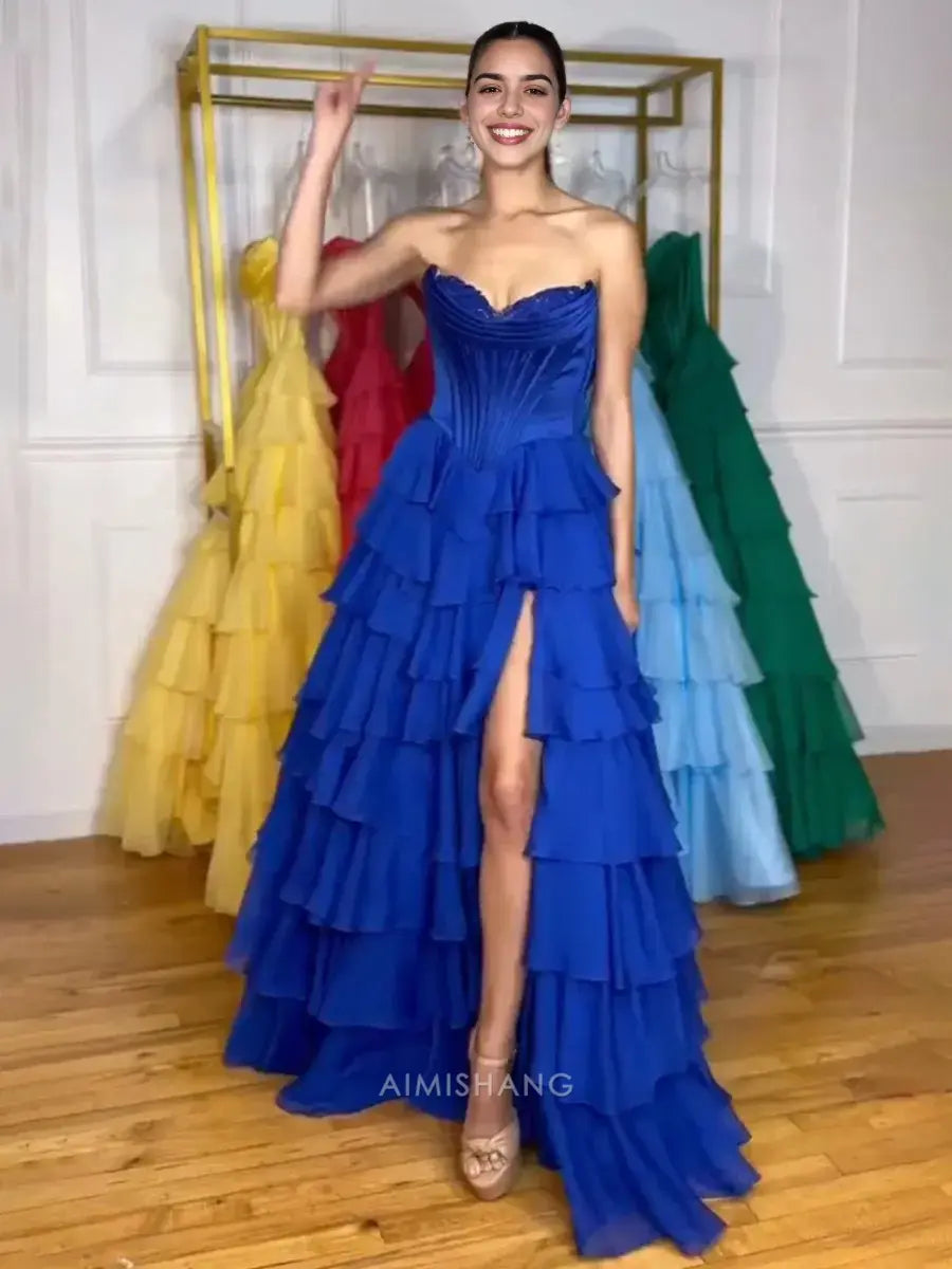 Aimishang Elegant A-Line Sweetheart Strapless Ruffle Layered Long Formal Prom Dress With Slit Charming Evening Gown Elegant Party Dress