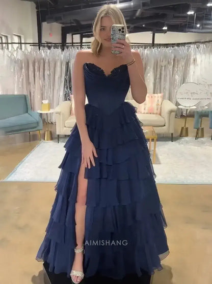 Aimishang Elegant A-Line Sweetheart Strapless Ruffle Layered Long Formal Prom Dress With Slit Charming Evening Gown Elegant Party Dress