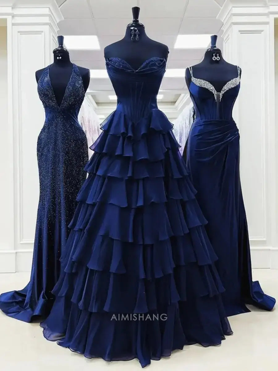 Aimishang Elegant A-Line Sweetheart Strapless Ruffle Layered Long Formal Prom Dress With Slit Charming Evening Gown Elegant Party Dress