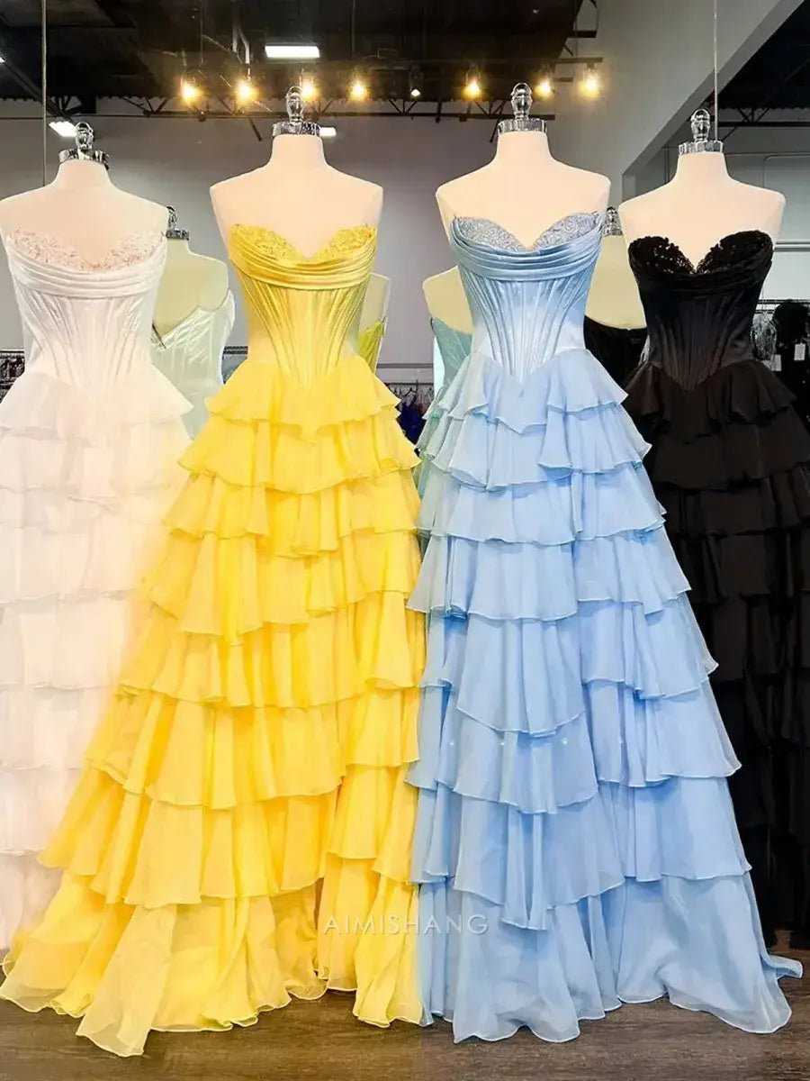 Aimishang Elegant A-Line Sweetheart Strapless Ruffle Layered Long Formal Prom Dress With Slit Charming Evening Gown Elegant Party Dress