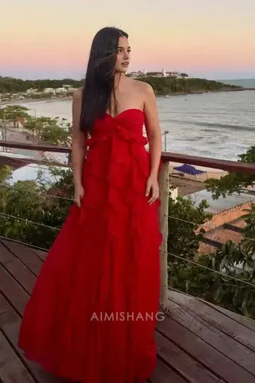 Aimishang Elegant A-Line Sweetheart Strapless Ruffle Long Prom Dress Lovely Party Dress Charming Evening Gown