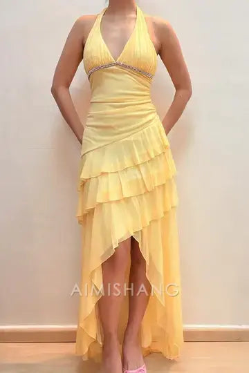 Aimishang Elegant A-Line V-Neck Halter Ruffled Sleeveless Prom Dress Chic Evening Party Dress