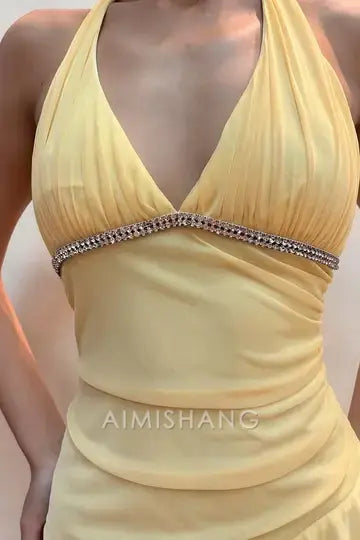 Aimishang Elegant A-Line V-Neck Halter Ruffled Sleeveless Prom Dress Chic Evening Party Dress