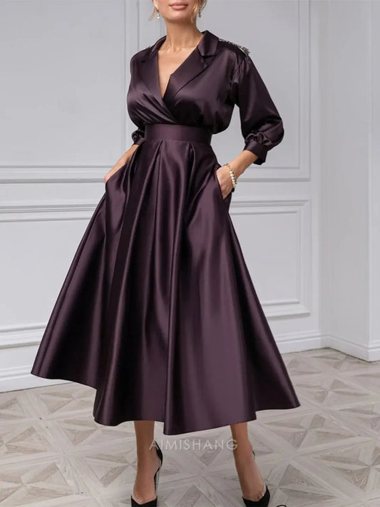 Aimishang Elegant A-Line V-Neck Mother Of The Bride Dresses Tea-length 3/4 Sleeves Formal Wedding Guest Dress Satin Evening Party Dress