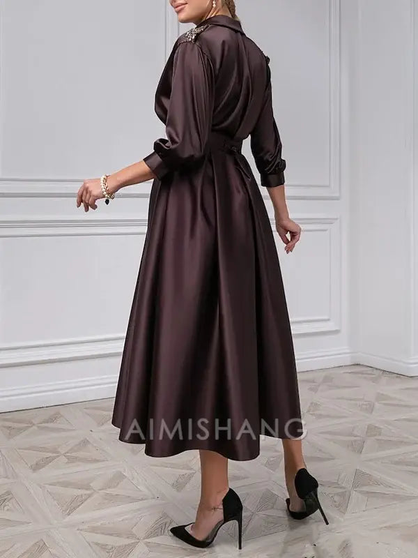 Aimishang Elegant A-Line V-Neck Mother Of The Bride Dresses Tea-length 3/4 Sleeves Formal Wedding Guest Dress Satin Evening Party Dress