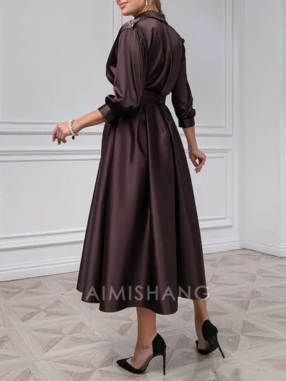 Aimishang Elegant A-Line V-Neck Mother Of The Bride Dresses Tea-length 3/4 Sleeves Formal Wedding Guest Dress Satin Evening Party Dress