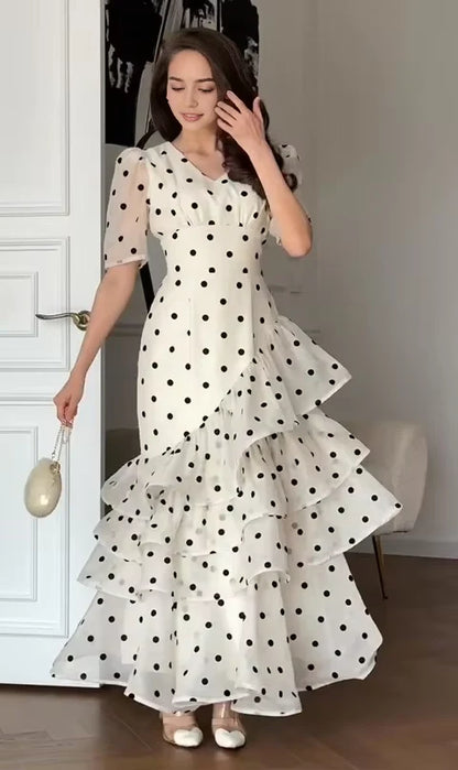 Aimishang Elegant A-Line V-Neck Short Sleeve Polka Dot Ruffled Women's Evening Party Dress