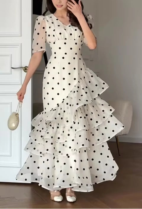 Aimishang Elegant A-Line V-Neck Short Sleeve Polka Dot Ruffled Women's Evening Party Dress