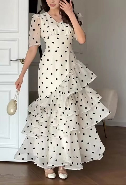 Aimishang Elegant A-Line V-Neck Short Sleeve Polka Dot Ruffled Women's Evening Party Dress