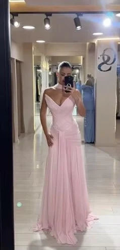 Aimishang Elegant A-Line V-Neck Strapless Sleeveless Pleated Chiffon Floor-Length Evening Gown Women Party Dress