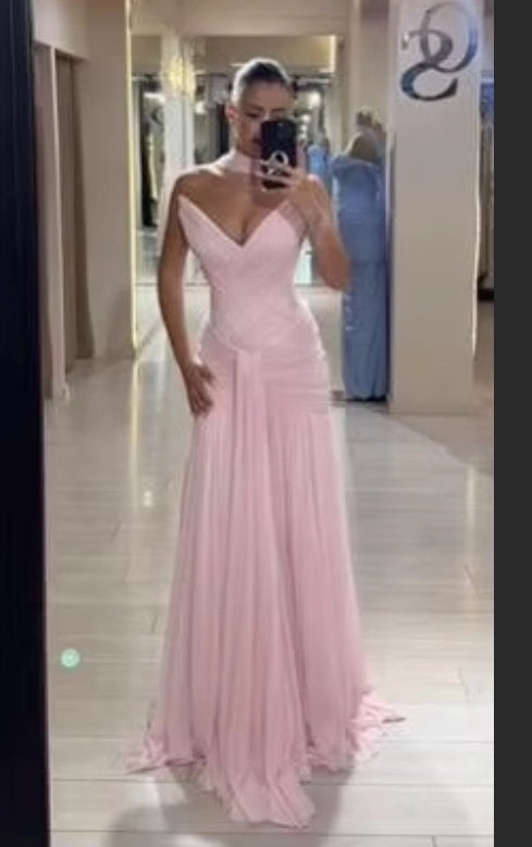 Aimishang Elegant A-Line V-Neck Strapless Sleeveless Pleated Chiffon Floor-Length Evening Gown Women Party Dress
