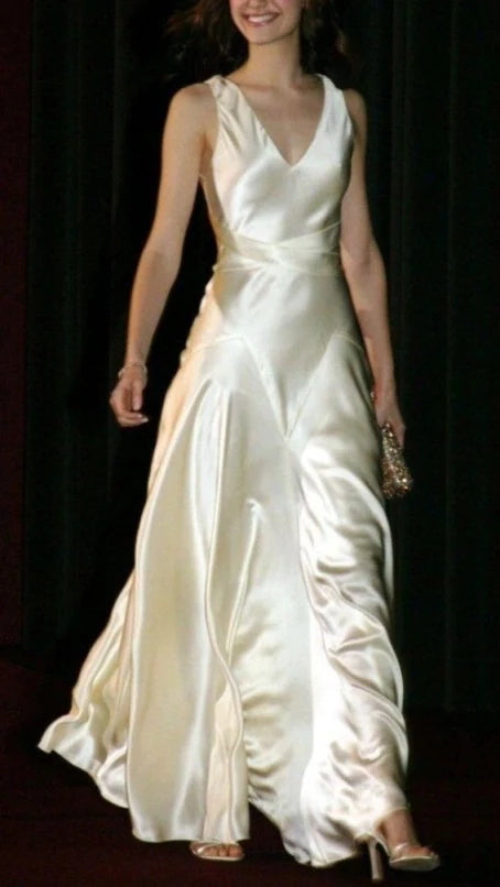 Aimishang Elegant A-Line V-Neck Sleeveless Satin Floor-Length Evening Gown Women Formal Dress