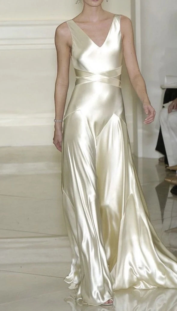 Aimishang Elegant A-Line V-Neck Sleeveless Satin Floor-Length Evening Gown Women Formal Dress