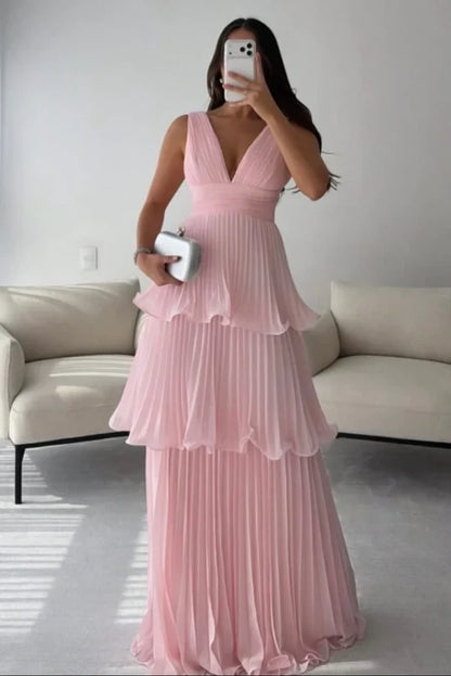 Elegant A-Line V-Neck Sleeveless Tiered Pleated Chiffon Women Long Prom Dress