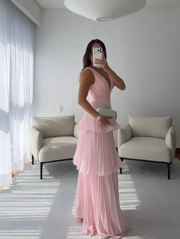 Elegant A-Line V-Neck Sleeveless Tiered Pleated Chiffon Women Long Prom Dress