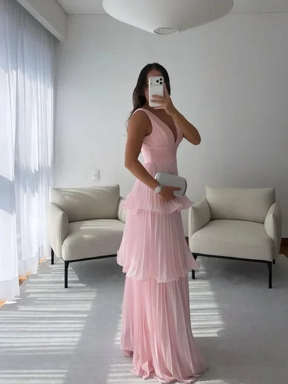 Elegant A-Line V-Neck Sleeveless Tiered Pleated Chiffon Women Long Prom Dress