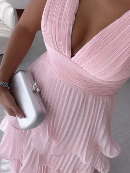 Elegant A-Line V-Neck Sleeveless Tiered Pleated Chiffon Women Long Prom Dress