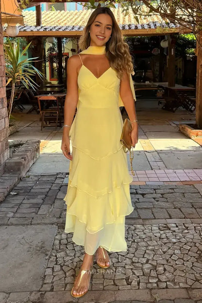 Aimishang Elegant A-Line V-Neck Spaghetti Straps Tiered Long Prom Dress Chic Evening Party Dress