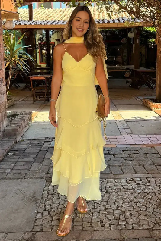 Aimishang Elegant A-Line V-Neck Spaghetti Straps Tiered Long Prom Dress Chic Evening Party Dress