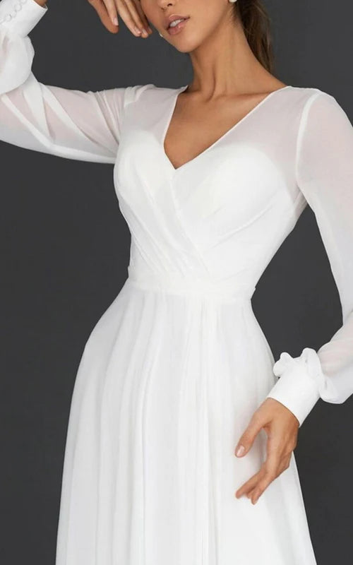 Aimishang Elegant A-Line V-neck Chiffon Long Sleeves Zipper Wedding Dress Simple Party Dress