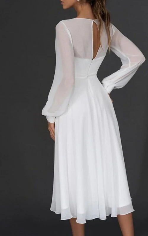 Aimishang Elegant A-Line V-neck Chiffon Long Sleeves Zipper Wedding Dress Simple Party Dress