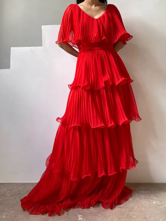 Aimishang Elegant A-Line V-neck Layered Long Formal Prom Dress Charming Wedding Guest Party Dress