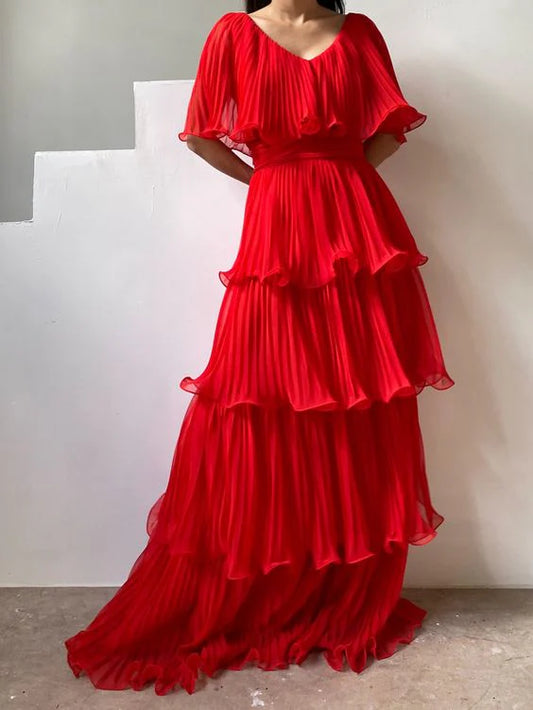 Aimishang Elegant A-Line V-neck Layered Long Formal Prom Dress Charming Wedding Guest Party Dress