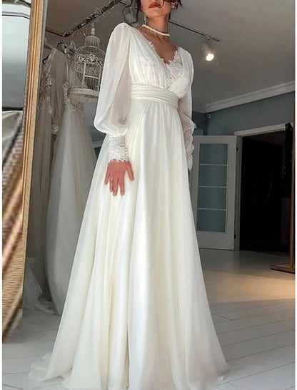 Aimishang Elegant A-Line V Neck Long Sleeve Sweep / Brush Train Formal Wedding Dresses Chic Bridal Gowns With Pleats