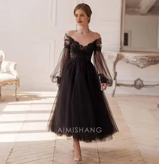 Aimishang Elegant A-Line Illusion V-Neck Long Sleeves Prom Dress Sexy Party Evening Gowns Charming Formal Dress