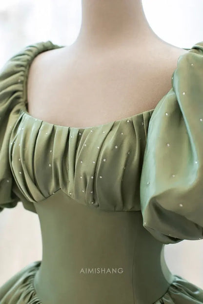 Aimishang Elegant A-line Green Satin Party Evening Gown Sweet Long Formal Prom Dress Pretty Graduation Dress