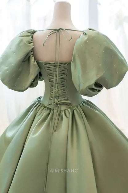 Aimishang Elegant A-line Green Satin Party Evening Gown Sweet Long Formal Prom Dress Pretty Graduation Dress