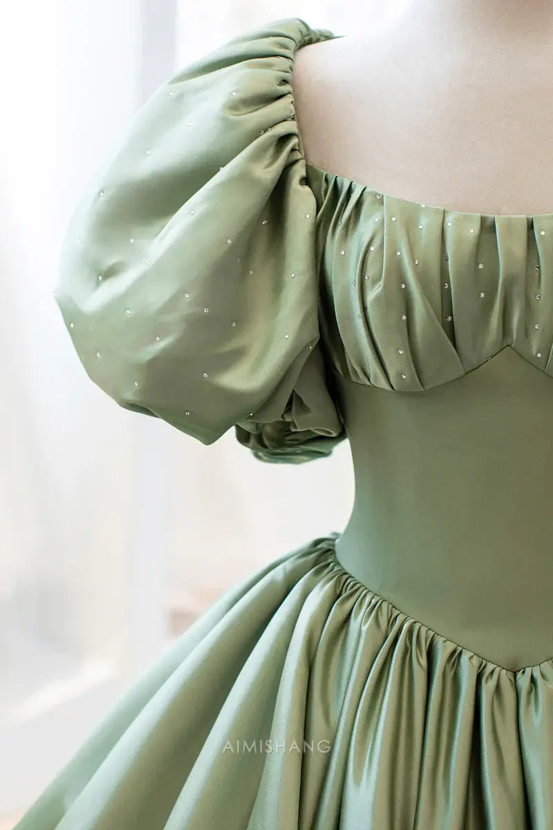 Aimishang Elegant A-line Green Satin Party Evening Gown Sweet Long Formal Prom Dress Pretty Graduation Dress