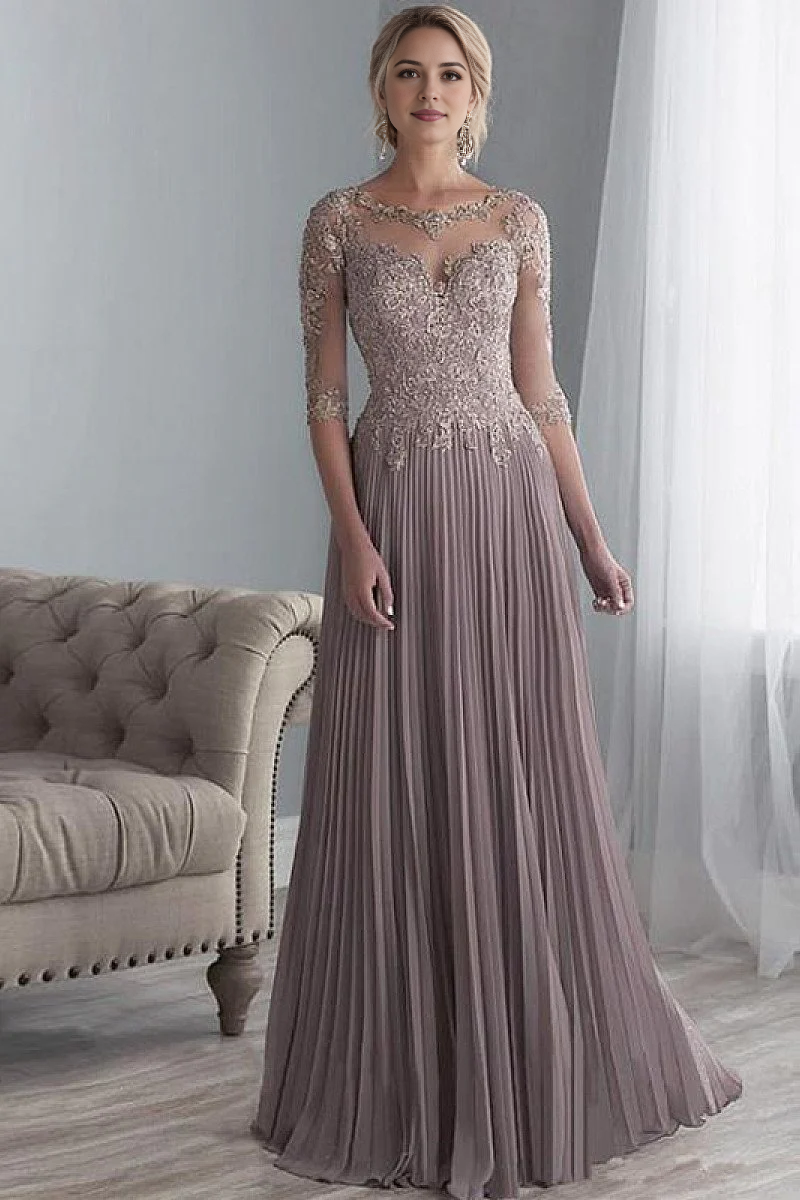 Aimishang Elegant A-line Pleats Mother of Bride Dress with Sleeves Wedding Guest Party Dress with Appliques Formal Evening Dress