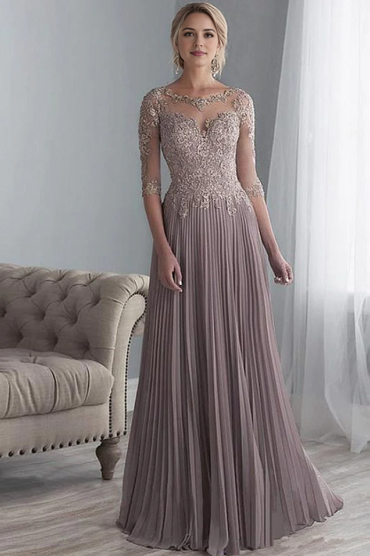 Aimishang Elegant A-line Pleats Mother of Bride Dress with Sleeves Wedding Guest Party Dress with Appliques Formal Evening Dress