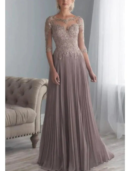 Aimishang Elegant A-line Pleats Mother of Bride Dress with Sleeves Wedding Guest Party Dress with Appliques Formal Evening Dress