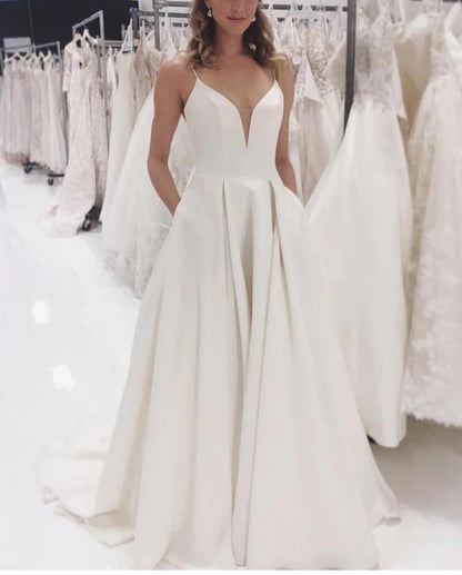 Aimishang Elegant A-line Spaghetti Straps Long Wedding Dresses Simple Satin Sexy Bridal Gowns Wholesale