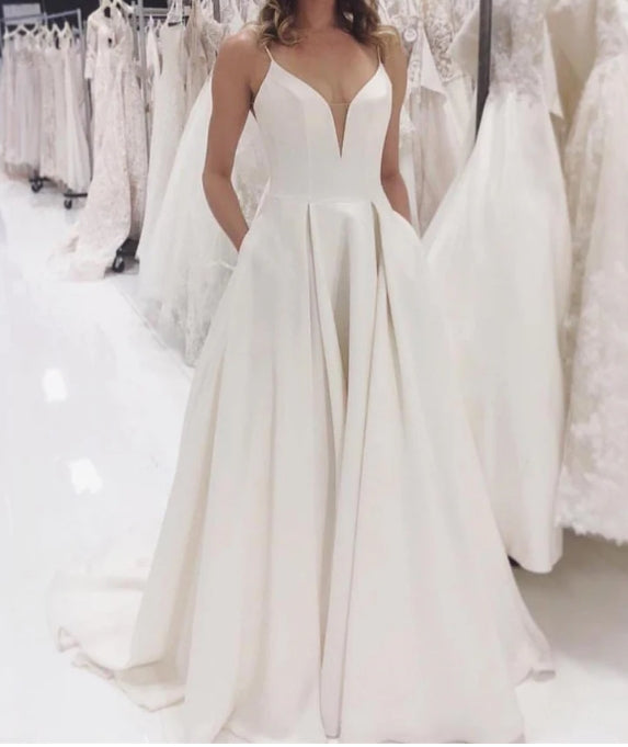 Aimishang Elegant A-line Spaghetti Straps Long Wedding Dresses Simple Satin Sexy Bridal Gowns Wholesale