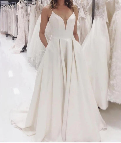 Aimishang Elegant A-line Spaghetti Straps Long Wedding Dresses Simple Satin Sexy Bridal Gowns Wholesale
