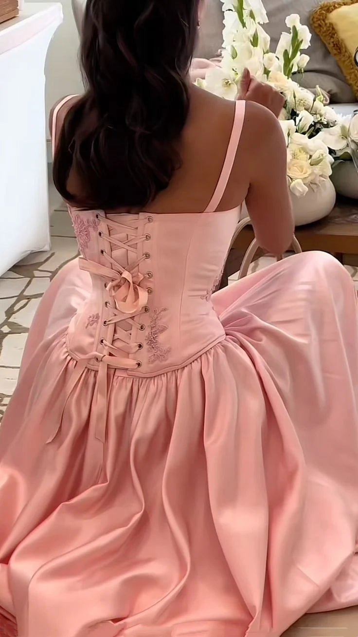 Aimishang Elegant A-line Strap Satin Long Bridesmaid Dress Lace-up Back Charming Evening Party Dress
