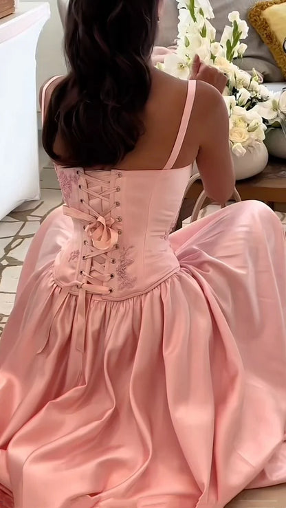 Aimishang Elegant A-line Strap Satin Long Bridesmaid Dress Lace-up Back Charming Evening Party Dress