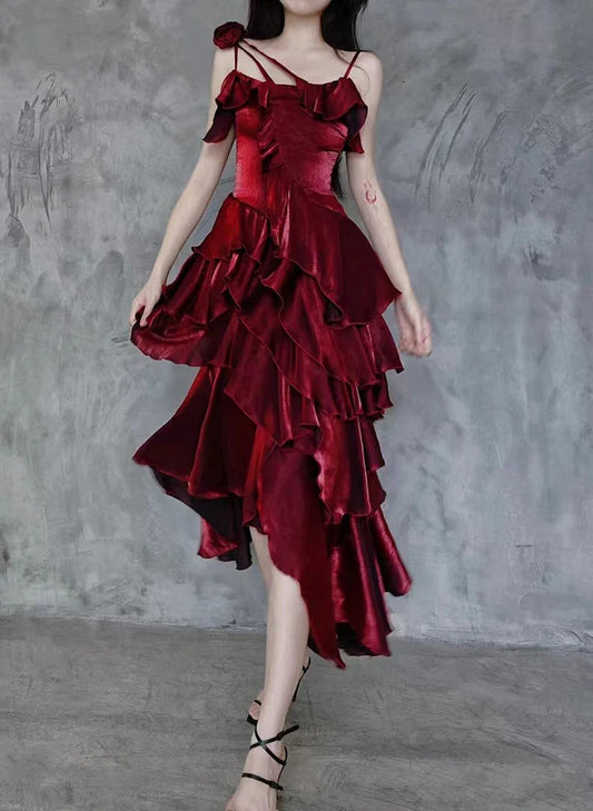 Aimishang Elegant A-line Straps Sleeveless Ruffled High-Low Formal Prom Dress Stylish Evening Party Dress