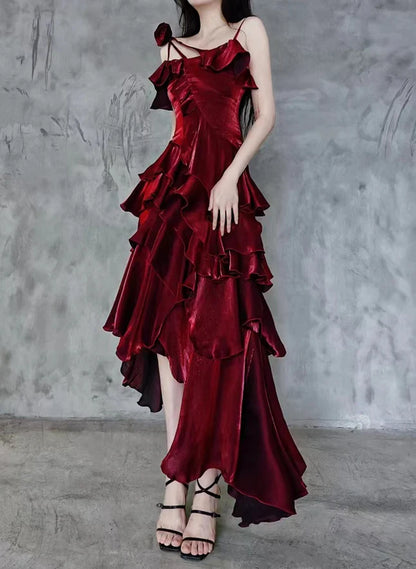 Aimishang Elegant A-line Straps Sleeveless Ruffled High-Low Formal Prom Dress Stylish Evening Party Dress