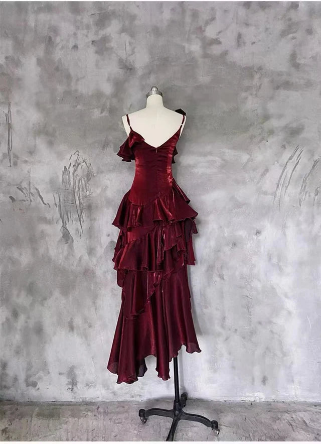 Aimishang Elegant A-line Straps Sleeveless Ruffled High-Low Formal Prom Dress Stylish Evening Party Dress