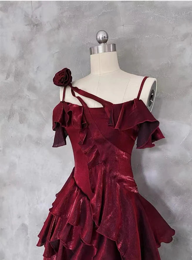 Aimishang Elegant A-line Straps Sleeveless Ruffled High-Low Formal Prom Dress Stylish Evening Party Dress