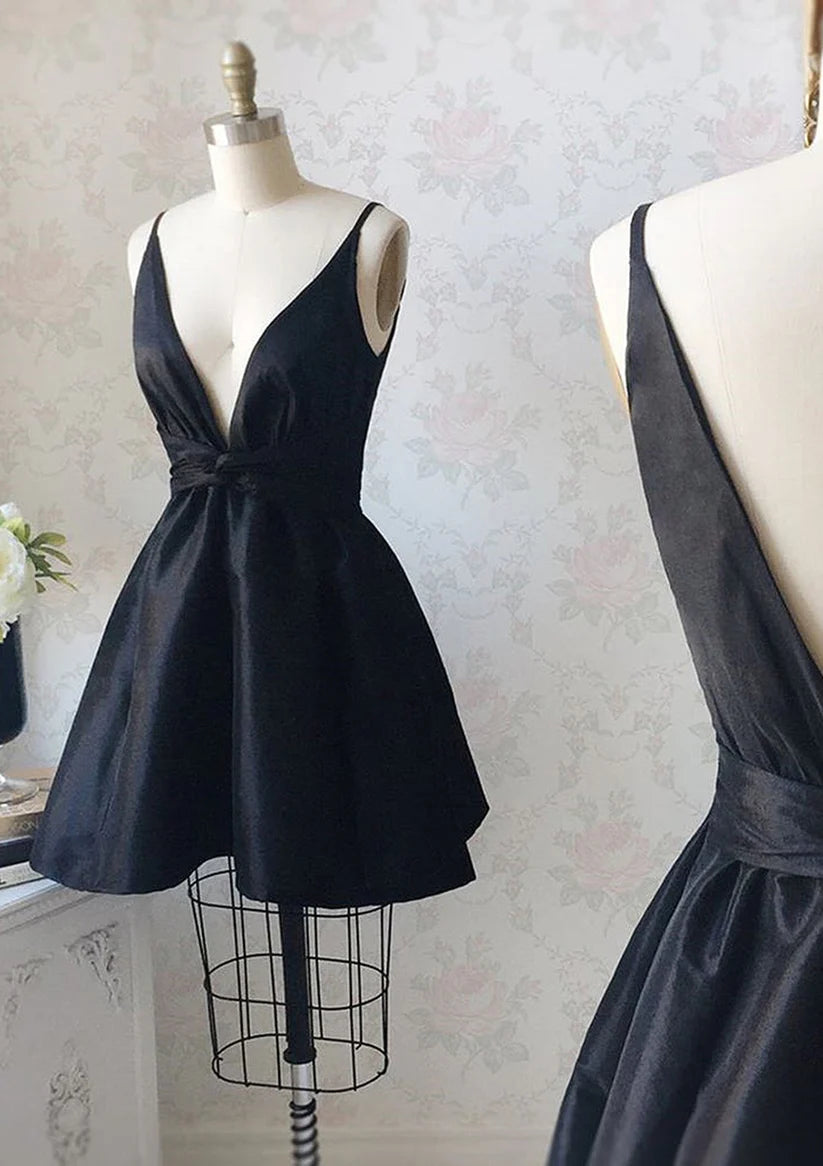 Aimishang Elegant A-line V-neck Black Sleeveless Short Party Prom Dress Simple Homecoming Dress