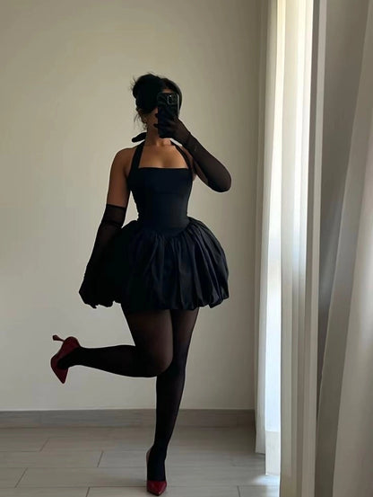 Aimishang Elegant A Line Black Halter Sleeveless Short Homecoming Dress Summer Birthday Party Dress No With Gloves