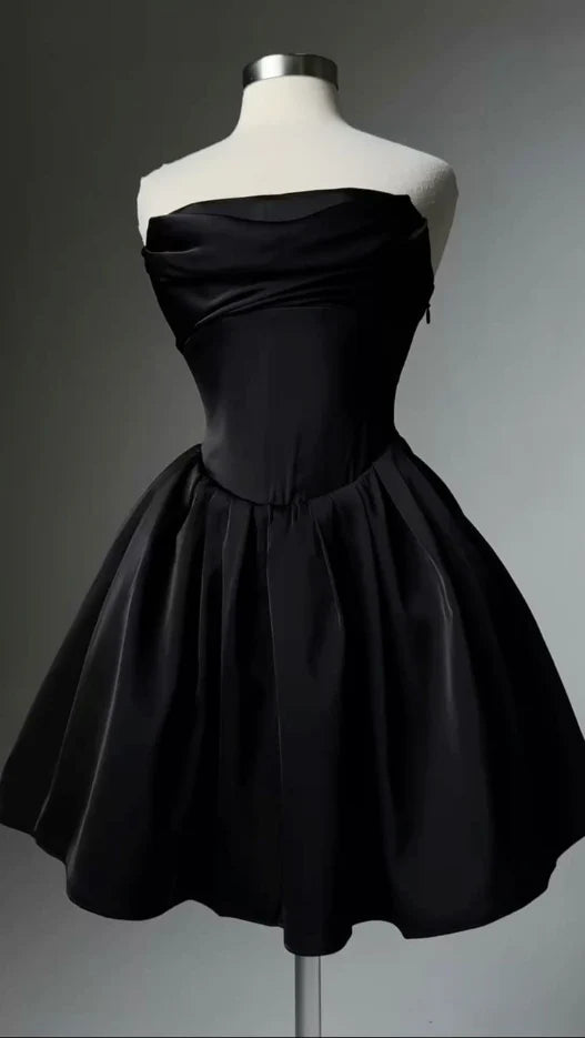 Aimishang Elegant A Line Black Strapless Sleeveless Short Summer Birthday Party Dress Simple Graduation Homecoming Dress